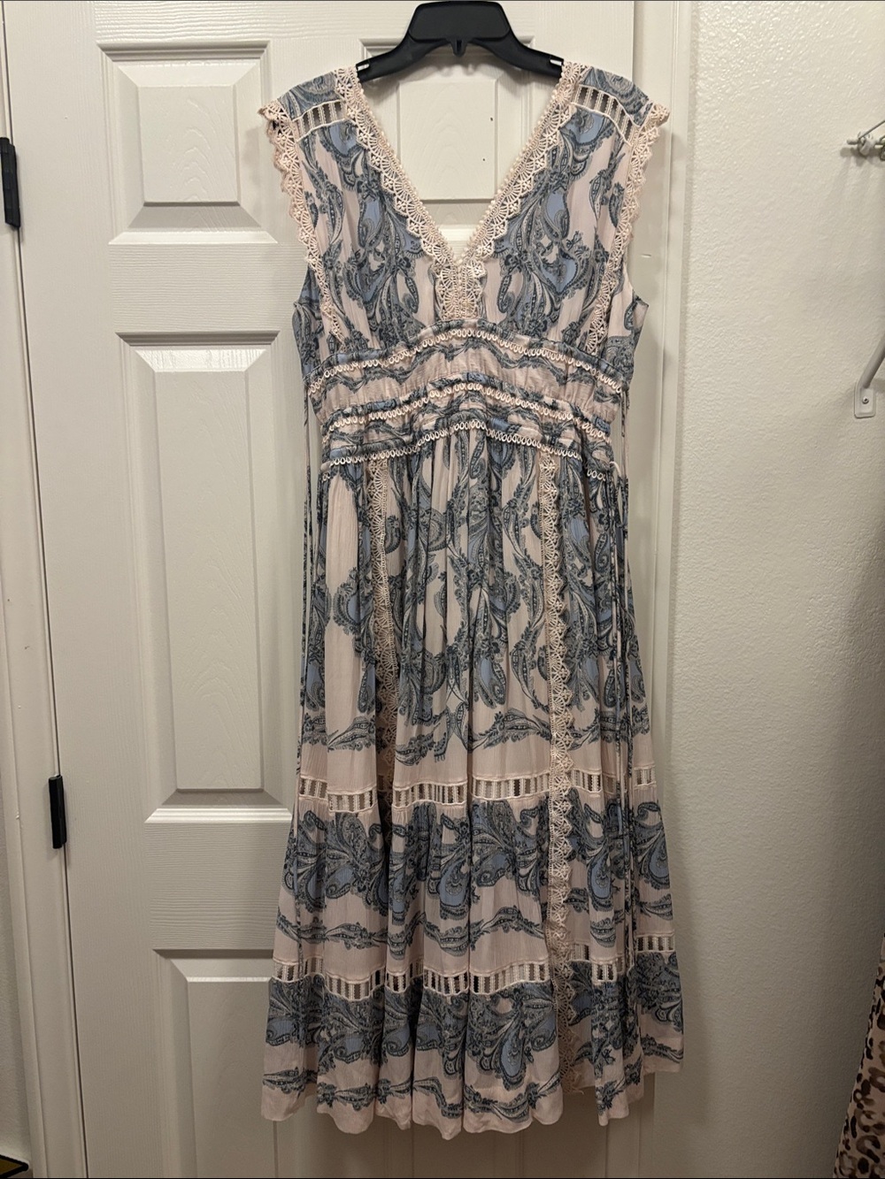 ALLSAINTS Sleeveless V-Neck Blue Paisley Lace Trim Midi Dress
